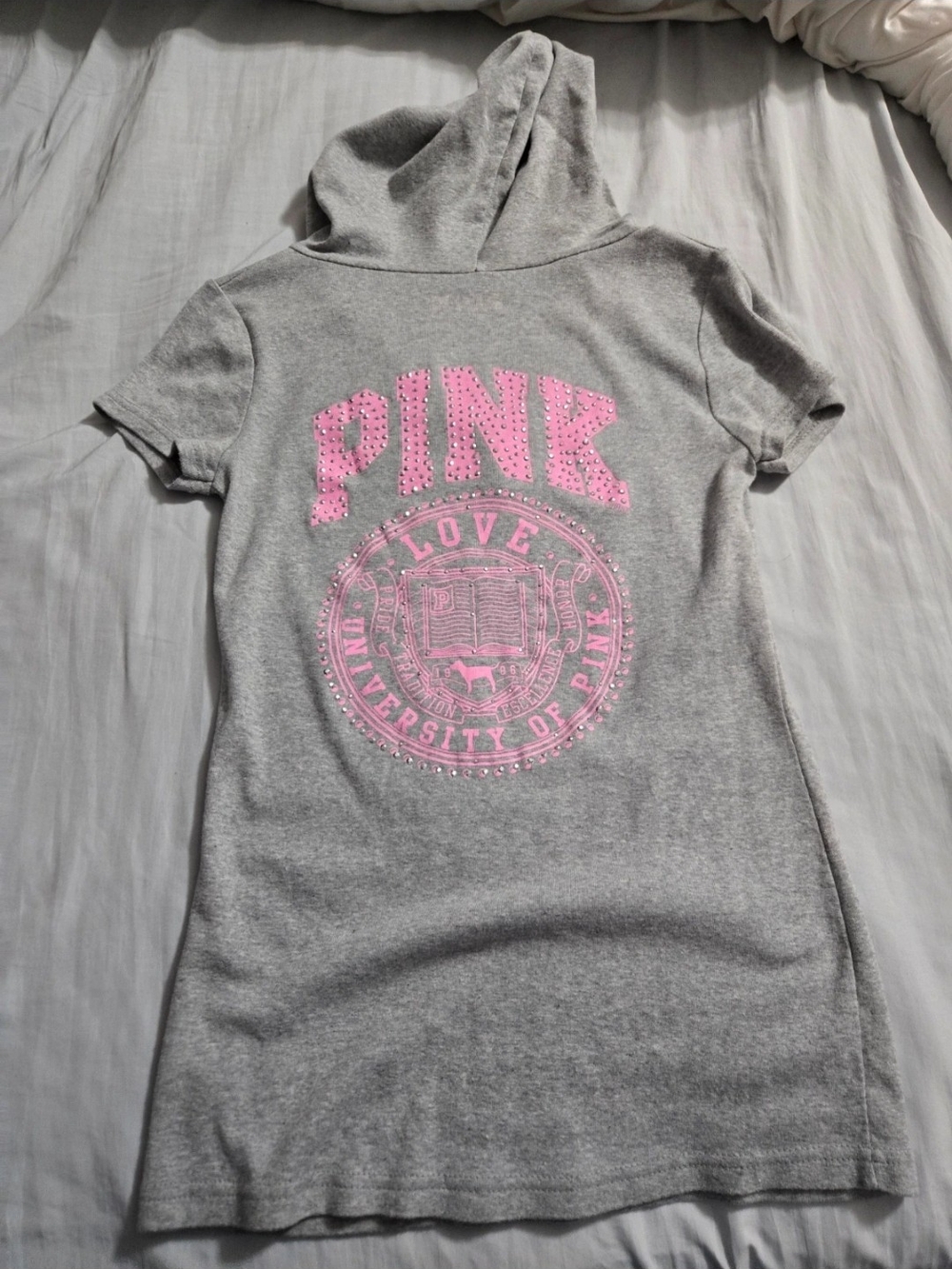 PINK Victoria's Secret Grey Hooded Tee with Pink Crest